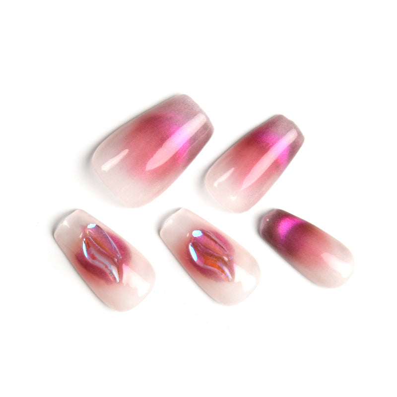 Bling Pink Medium Coffin Glossy Acrylic Handmade Nails With Ombre-BEYONDCANVA