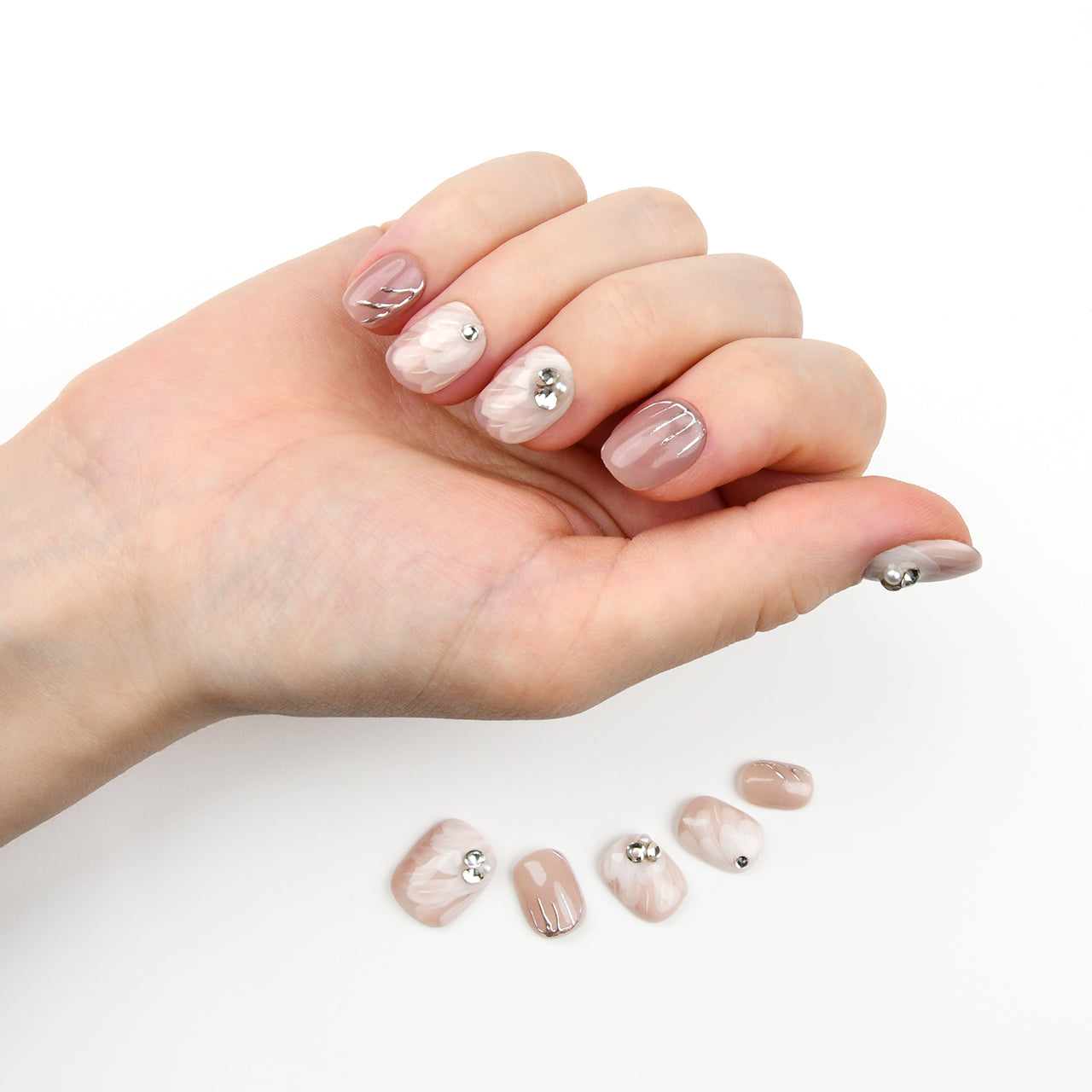 French Pink Bling Short Squoval Handmade Press On Chain Nails With Rhinestones-BEYONDCANVA