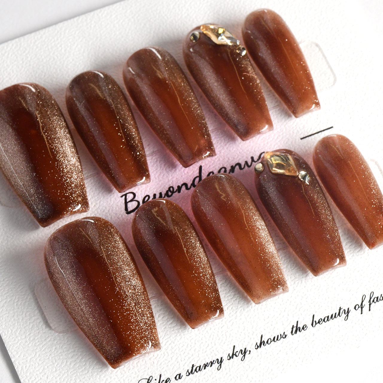 Sparkle Brown Long Coffin Glitter Handmade Press On Nails With Diamonds-BEYONDCANVA