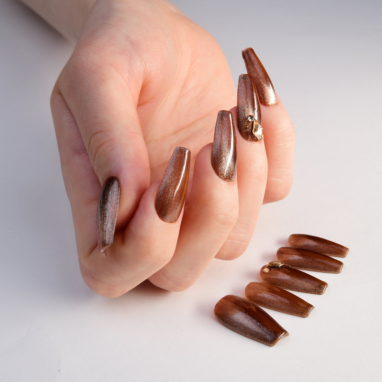 Elegant Brown Long Coffin Glitter Handmade Press On Nails With Diamonds-BEYONDCANVA