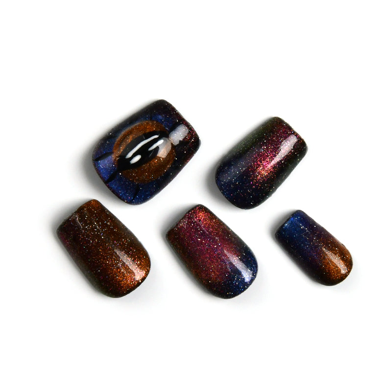 Glossy Black Short Square Handmade Press On Nails With Cat Eyes-BEYONDCANVA
