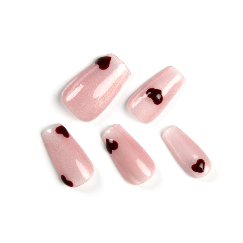 Exquisite Pink Medium Coffin Glitter Nails Ombre Handmade Acrylic Nail With Heart Design-BEYONDCANVA