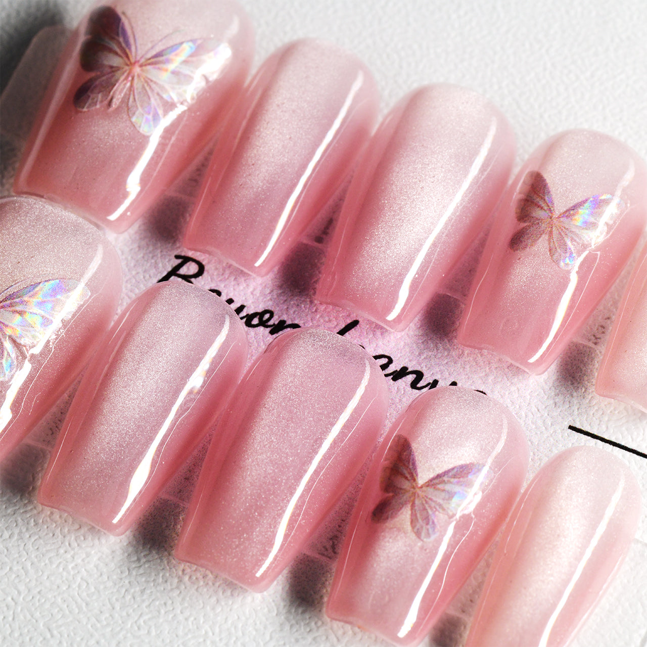 Glitter Ombre Pink Medium Coffin Handmade Press On Nails With Diamond BEYONDCANVA