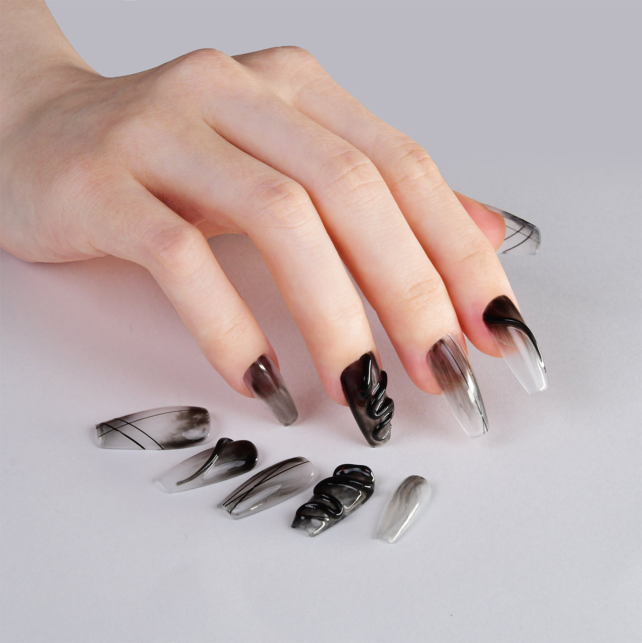 Elegant Ombre Grey Acrylic Long Coffin Glossy Handmade Press On Nails BEYONDCANVA