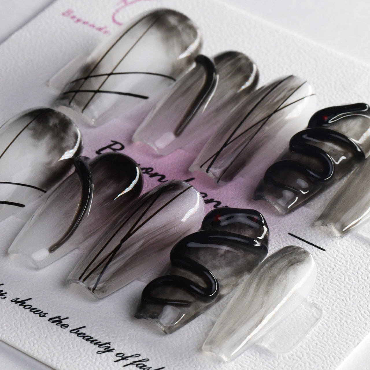 Glitter Ombre Grey Acrylic Long Coffin Glossy Handmade Press On Nails BEYONDCANVA