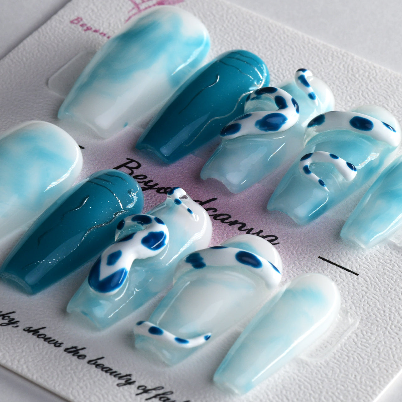 Elegant Ombre Blue Acrylic Long Coffin Glossy Handmade Press On Nails BEYONDCANVA