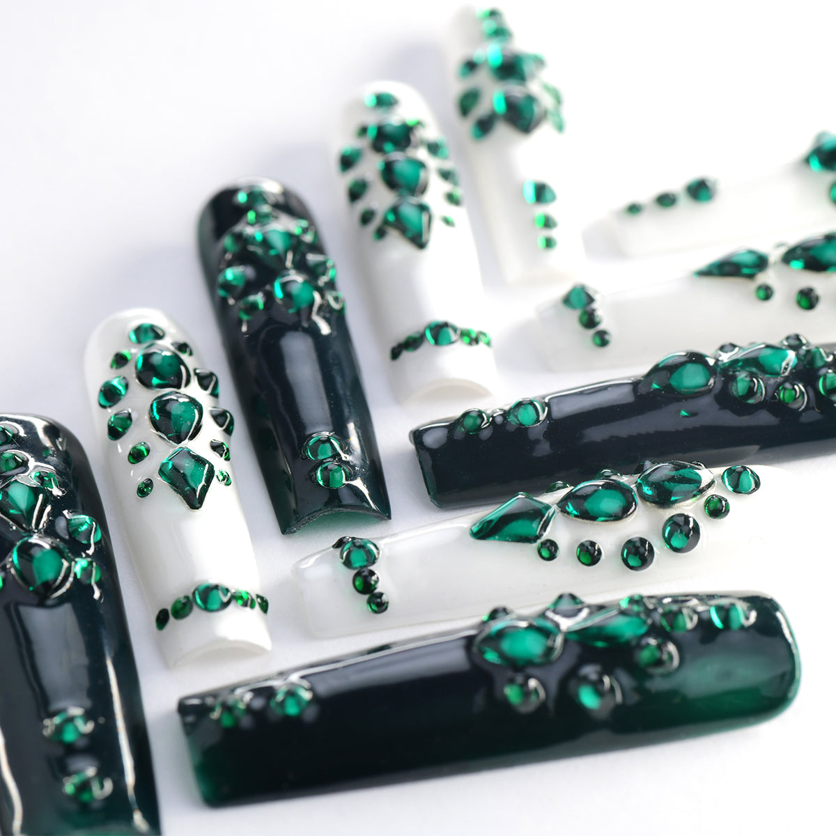 Classy Green Acrylic Extra Extra Long Square Diamond Handmade Press On Nails BEYONDCANVA