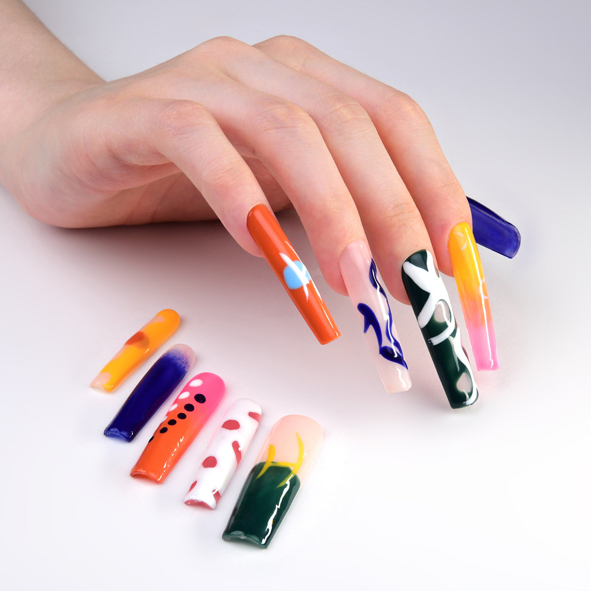 Multi-color Acrylic Extra Extra Long Square Colorblock Handmade Press On Nails BEYONDCANVA