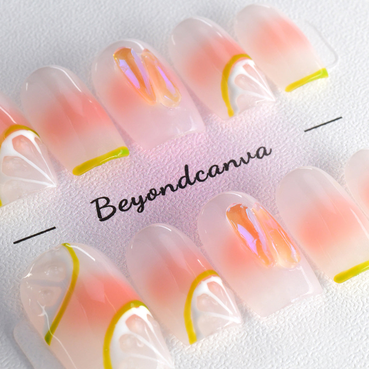 Glossy Pink Acrylic Medium Square Watermelon Design Handmade Press On Nails BEYONDCANVA