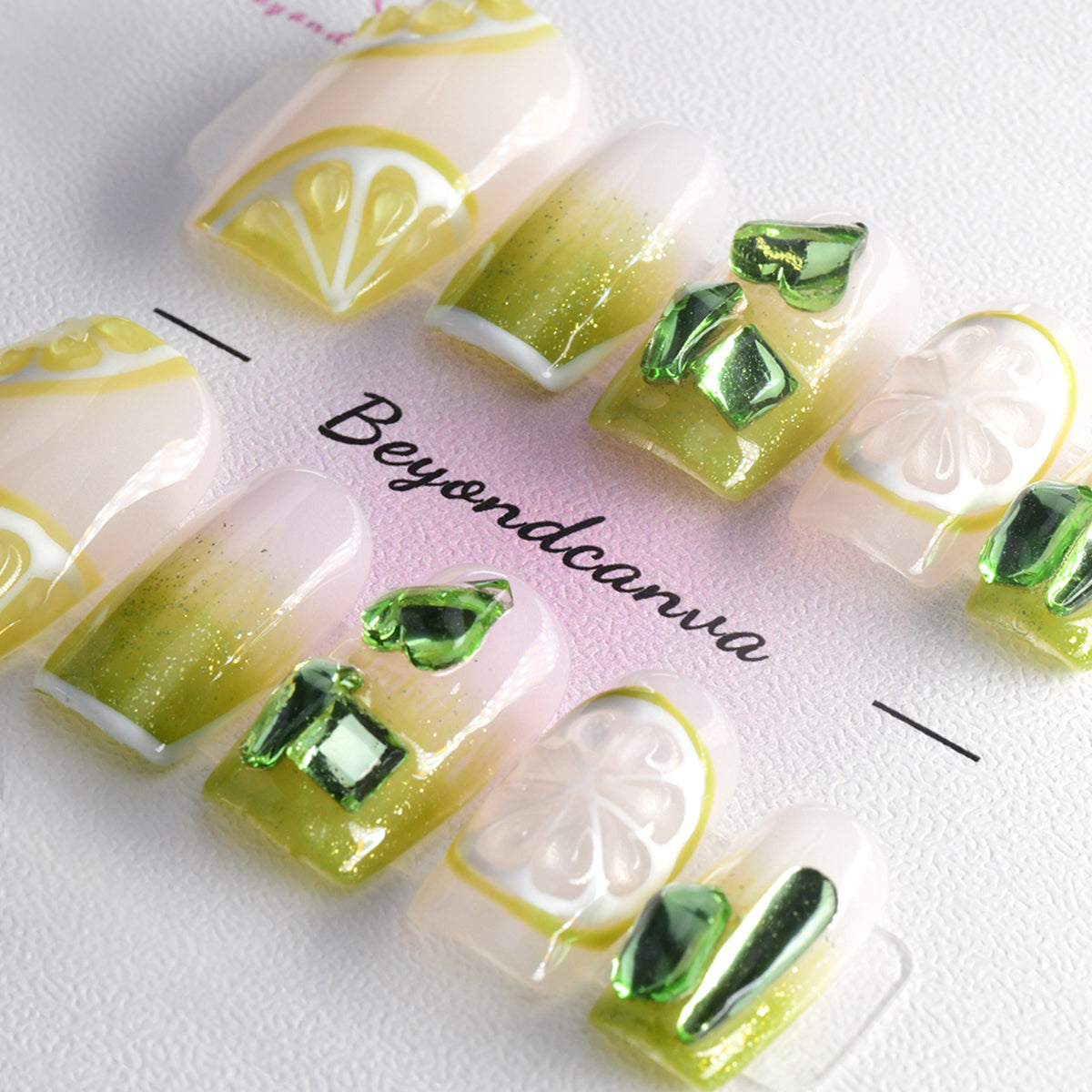 Sparkle Green Acrylic Medium Square Watermelon Design Handmade Press On Nails BEYONDCANVA