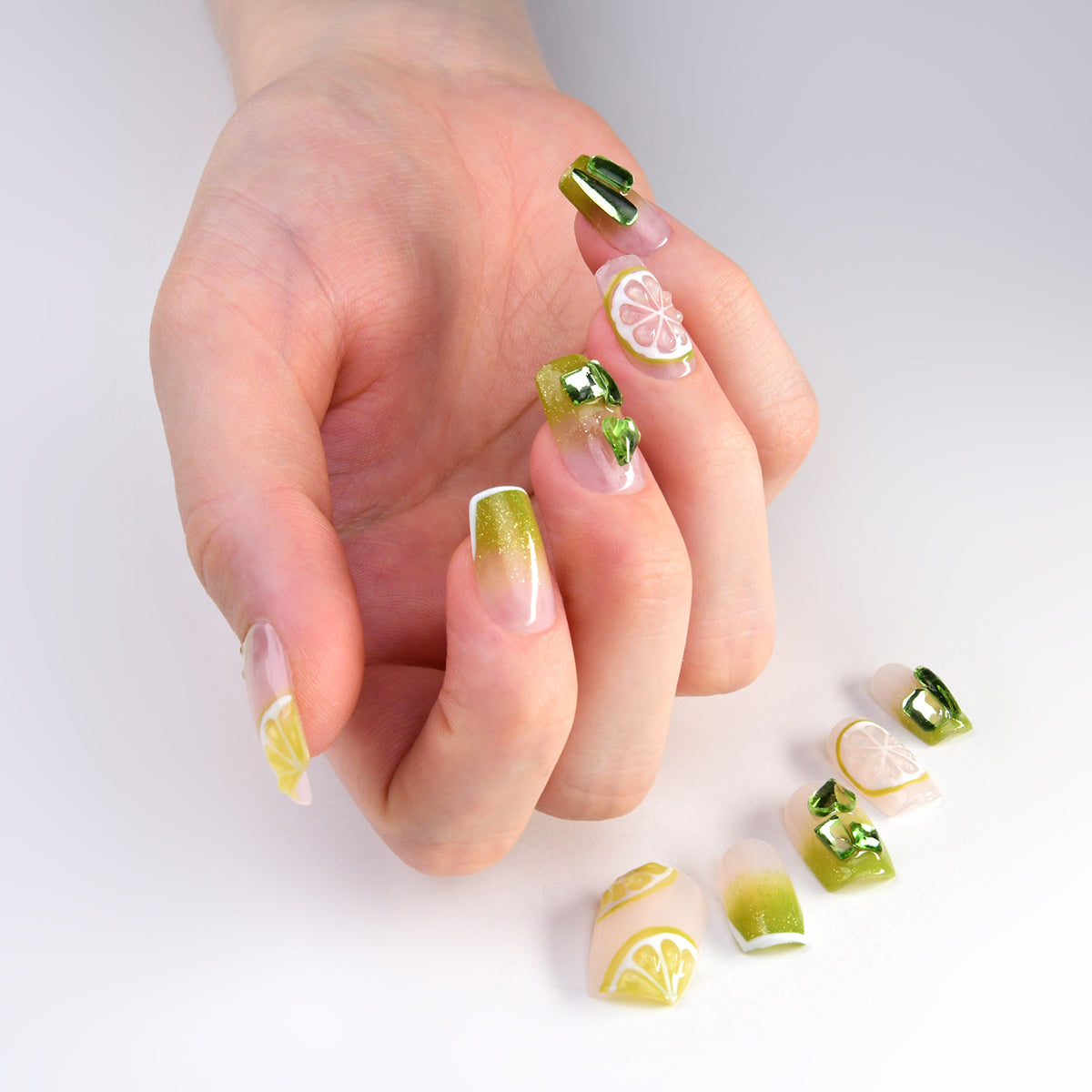 Bling Green Acrylic Medium Square Watermelon Design Handmade Press On Nails BEYONDCANVA