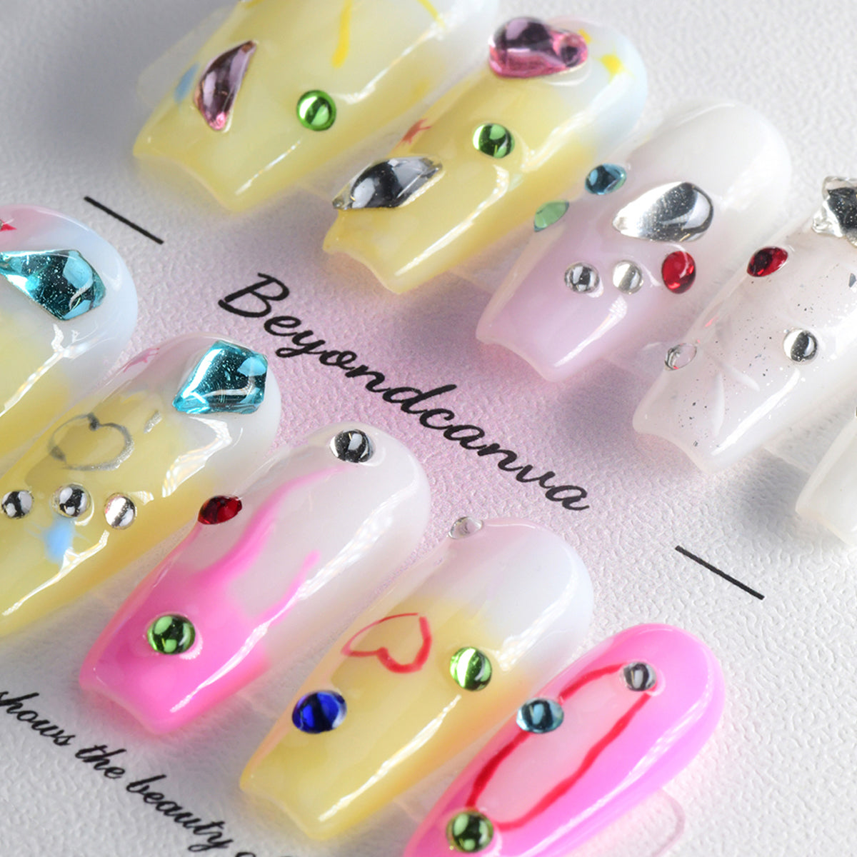 Glossy Multi-color Coffin Long Heart Acrylic Diamond Handmade Press On Nails BEYONDCANVA
