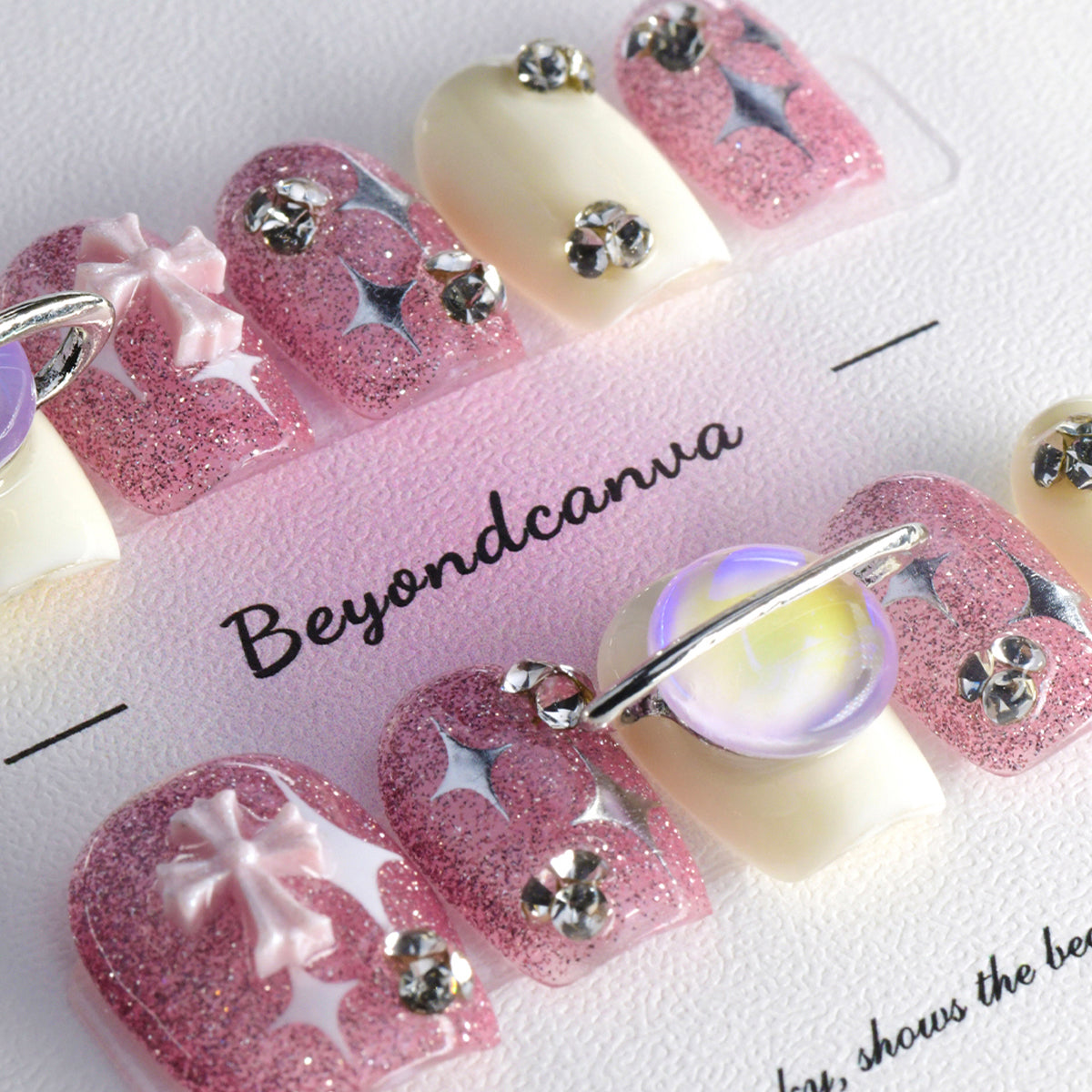 Sparkle Pink Glitter Glossy Short Coffin Handmade Press On Nails BEYONDCANVA