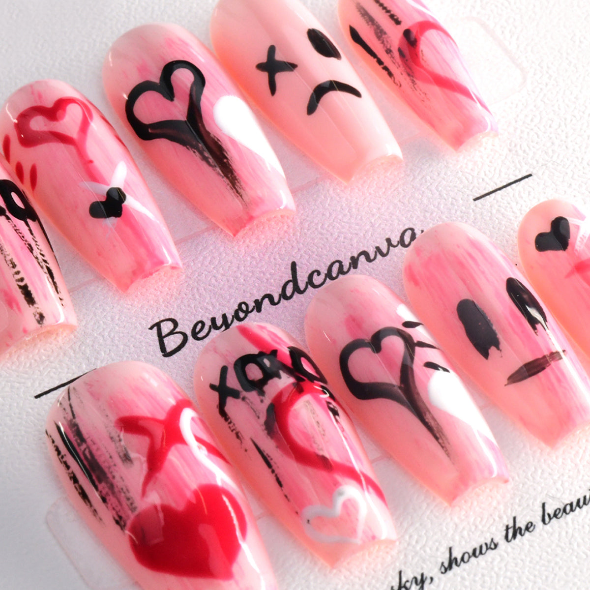 Glossy Pink Acrylic Long Coffin Heart Design Handmade Press On Nails BEYONDCANVA