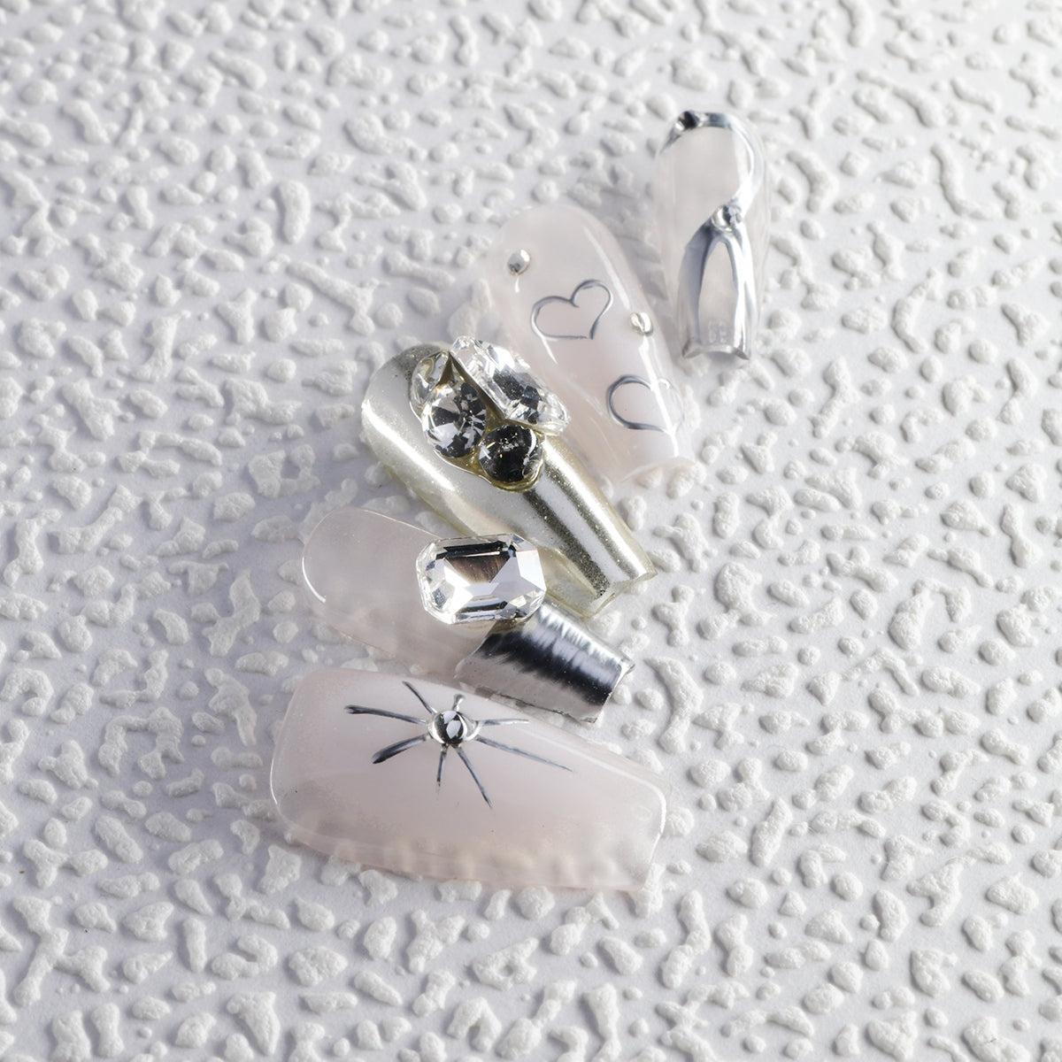 Glossy White Coffin Long Heart Acrylic Diamond Handmade Press On Nails BEYONDCANVA