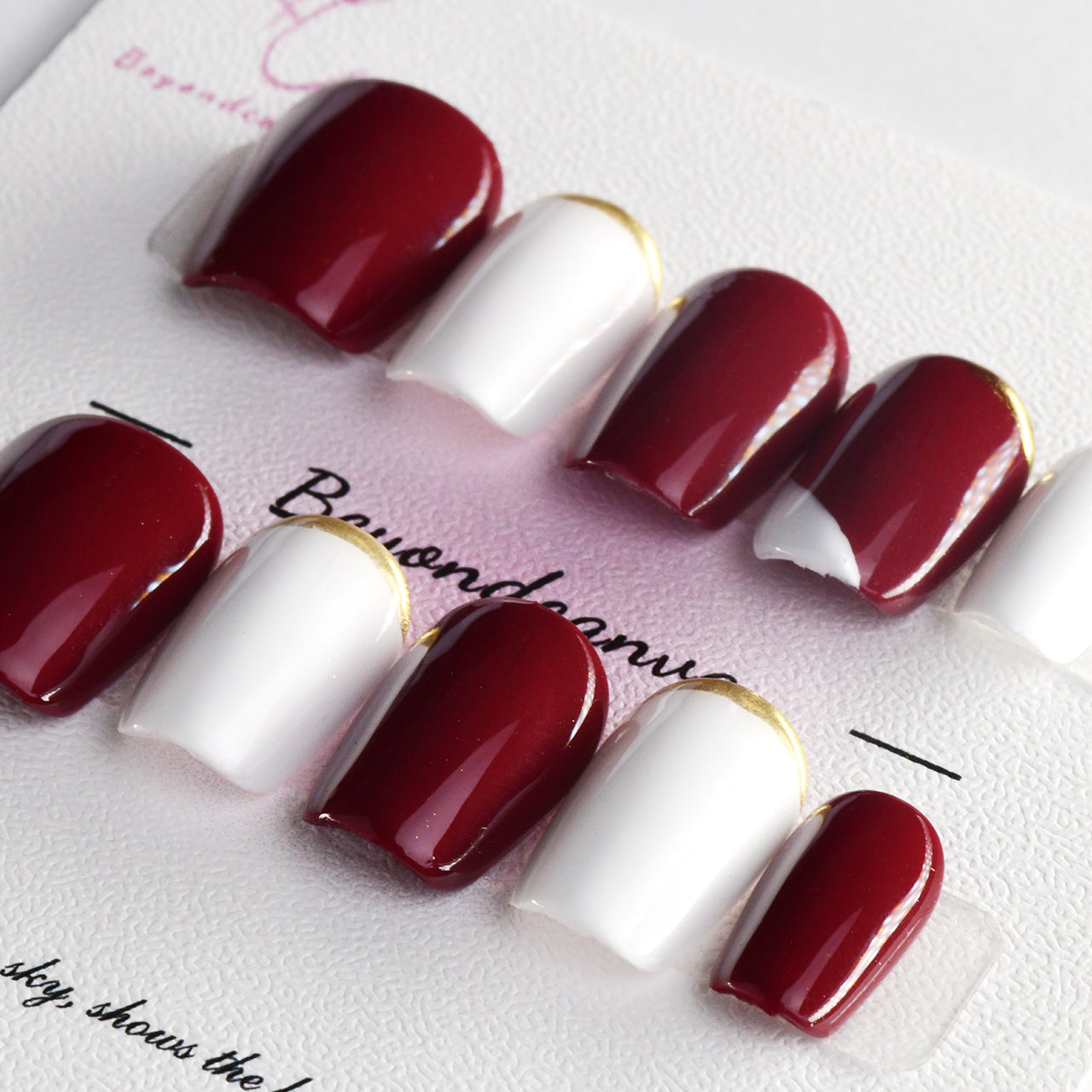 Classy Red Short Coffin Glossy Handmade Press On Nails With Colorblock BEYONDCANVA