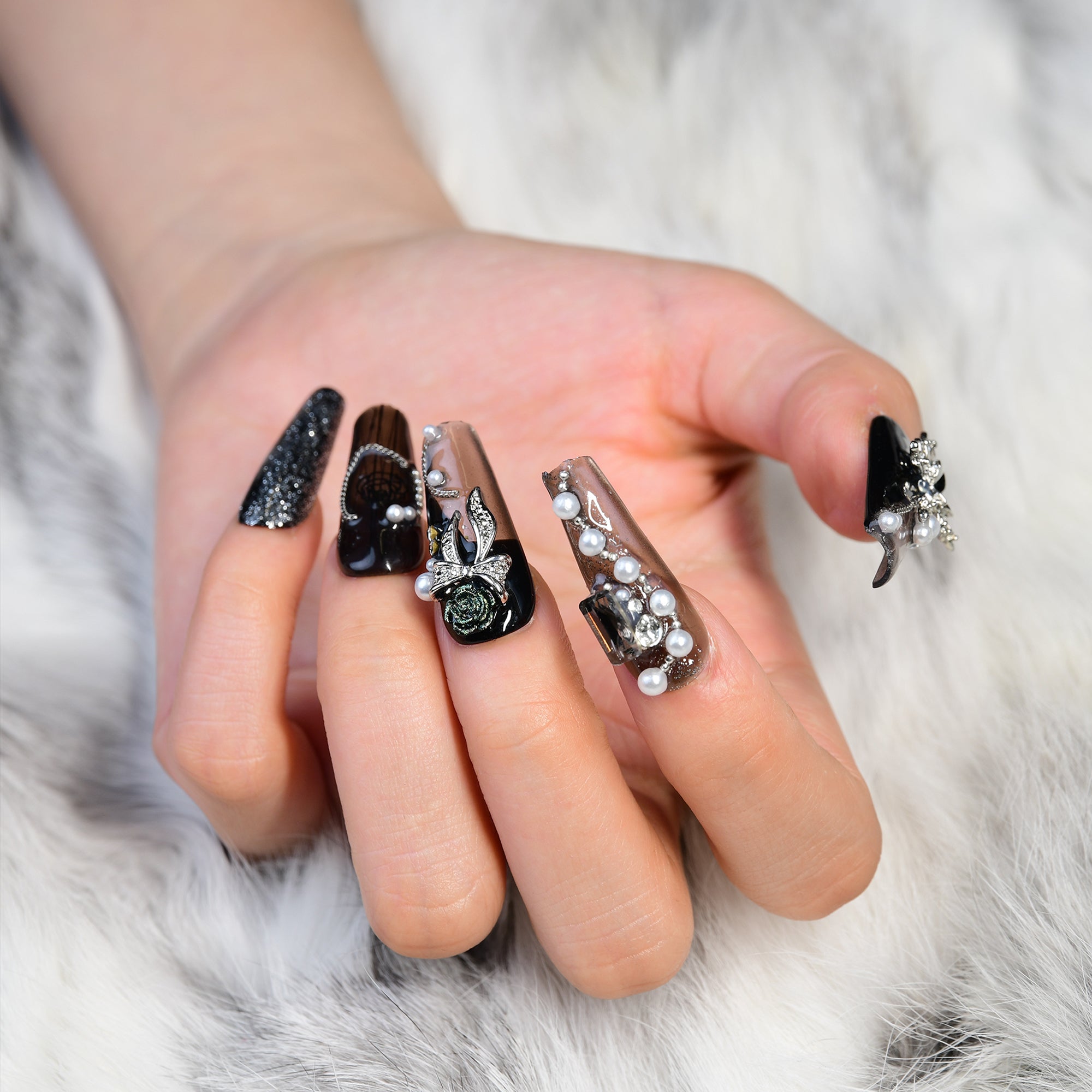 Classy Black Acrylic Extra Long Coffin Handmade Press On Nails With Pearls-BEYONDCANVA