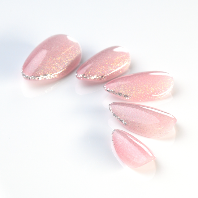 Sparkle French Pink Acrylic Medium Almond Glitter Solid Handmade Press On Nails BEYONDCANVA