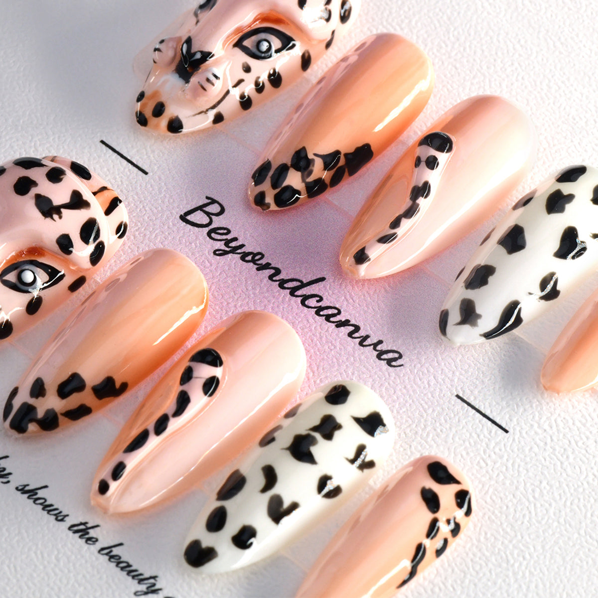 Cute Glossy Pink Long Almond Acrylic Animal Handmade Press On Nails BEYONDCANVA