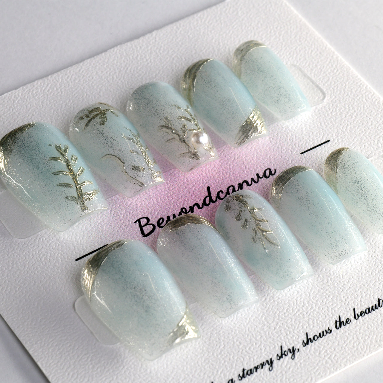 Bling Blue Medium Coffin Handmade Press On Nails With Jewel-BEYONDCANVA
