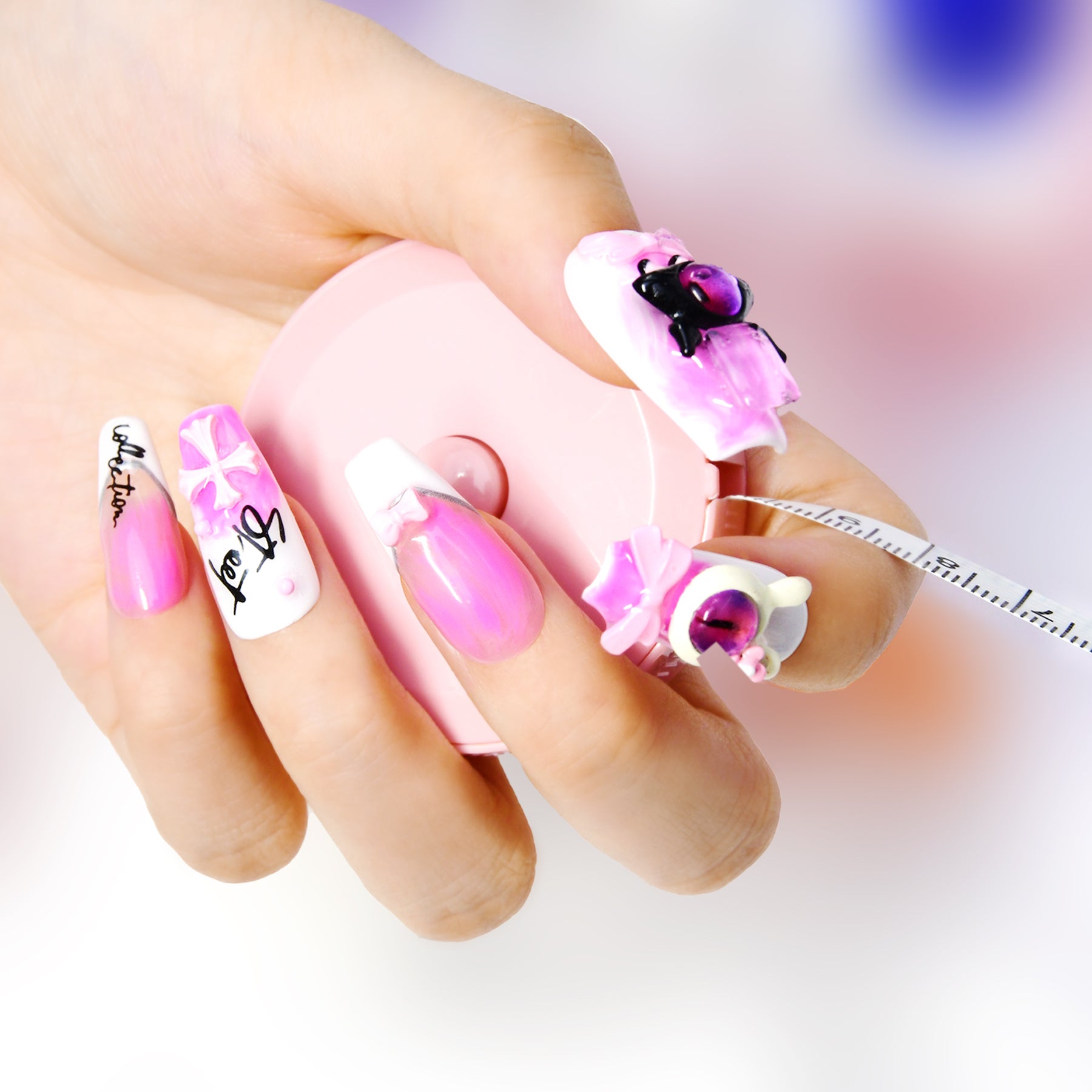 Cute Glossy Pink Long Coffin Acrylic Diamond Handmade Press On Nails BEYONDCANVA