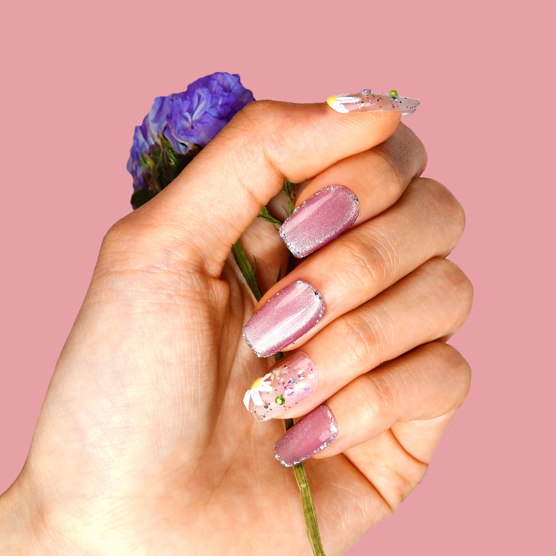 Sparkle Pink Glitter Floral Design Medium Coffin Handmade Press On Nails BEYONDCANVA