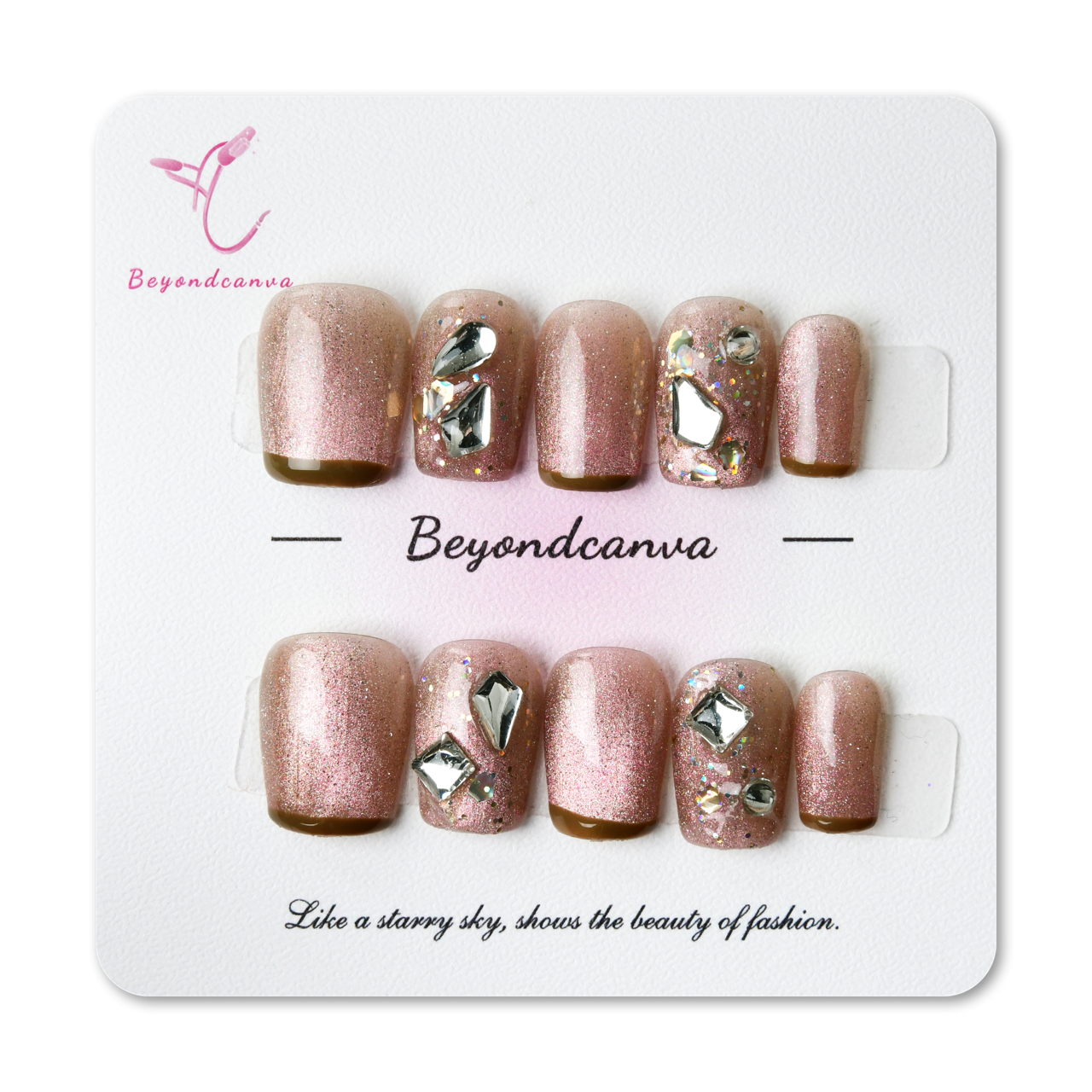 Exquisite Ombre Pink Acrylic Glitter Short Coffin Diamond Handmade Press On Nails BEYONDCANVA