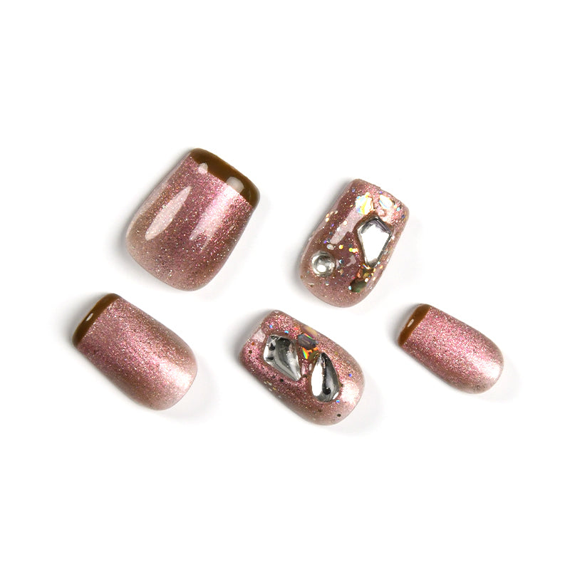 Bling Ombre Pink Acrylic Glitter Short Coffin Diamond Handmade Press On Nails BEYONDCANVA