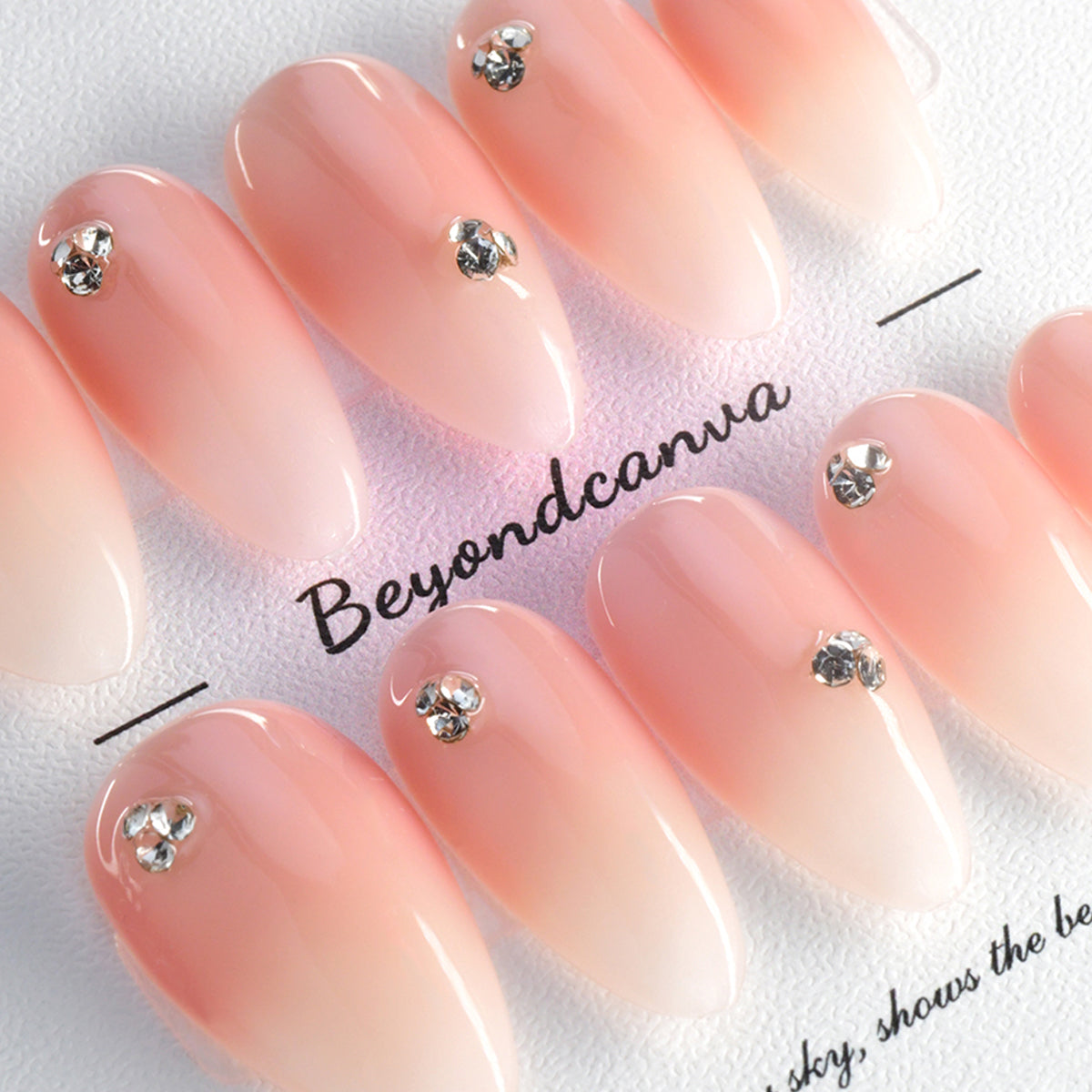Ombre Pink Long Almond Acrylic Handmade Press On Nails With Diamonds-BEYONDCANVA