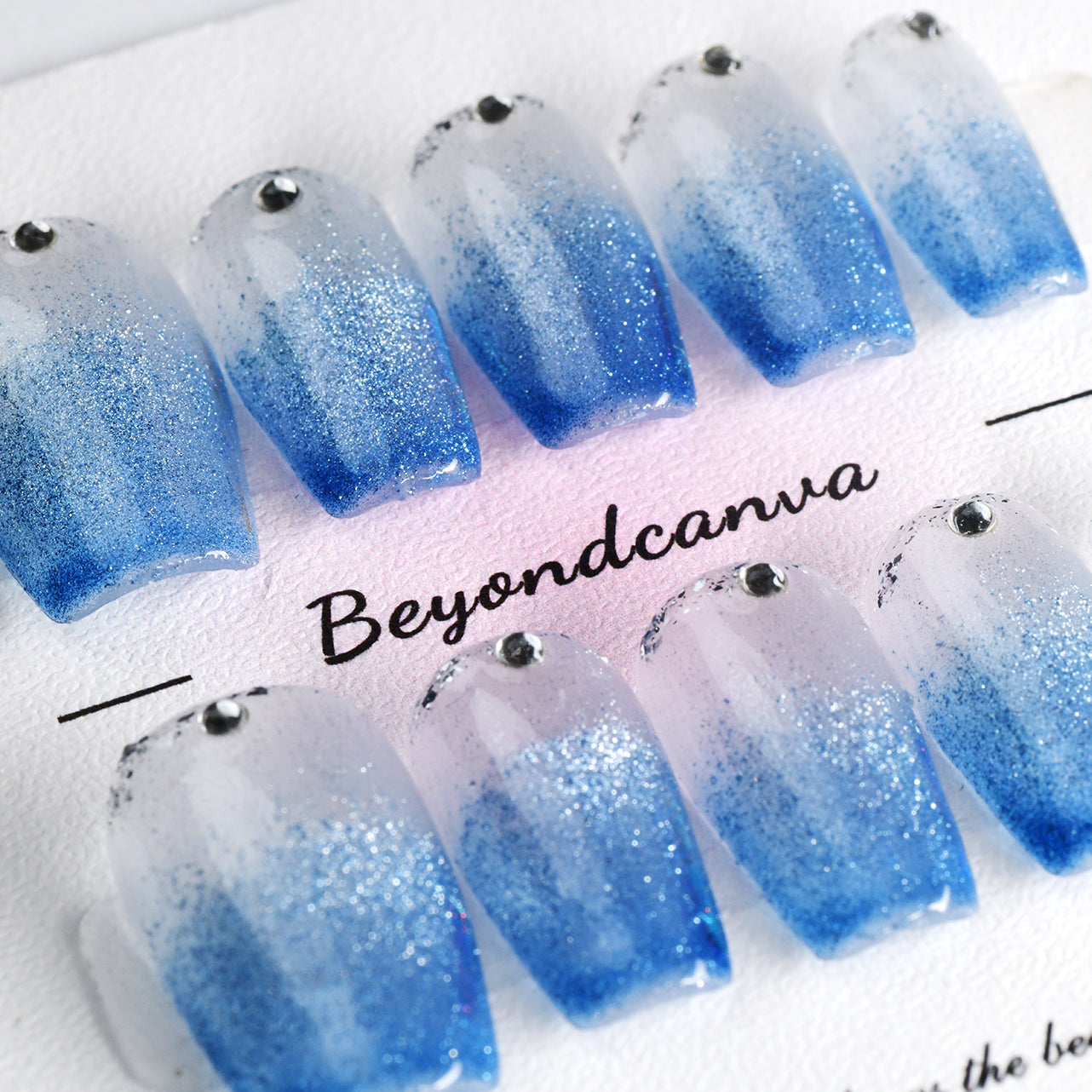 Sparkle Blue Glossy Medium Coffin Handmade Acrylic Press On Nails With Diamonds-BEYONDCANVA