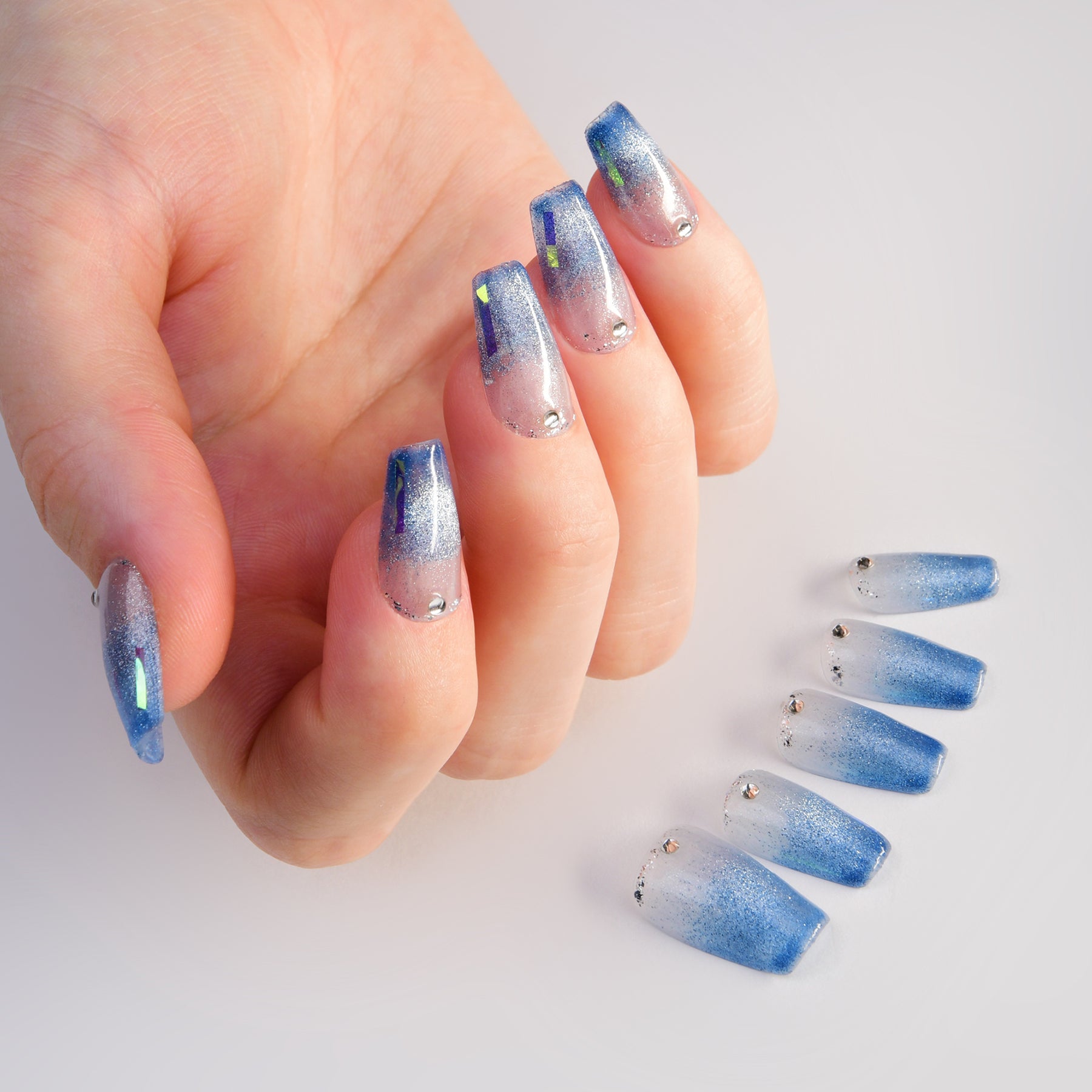 Blue Glossy Medium Coffin Handmade Acrylic Press On Nails With Diamonds-BEYONDCANVA