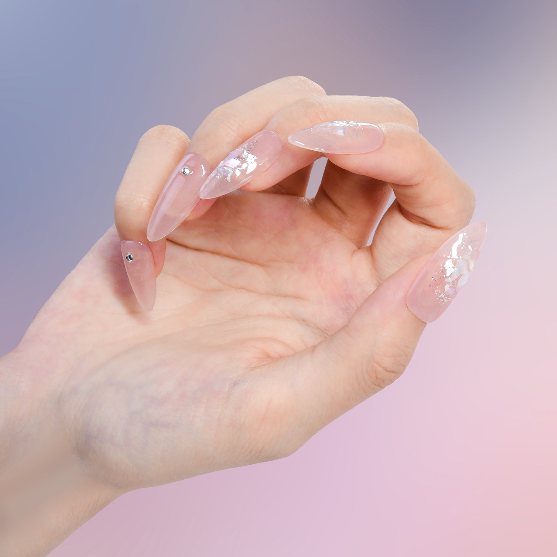 Elegant Pink Long Almond Acrylic Handmade Press On Nails With Diamonds-BEYONDCANVA