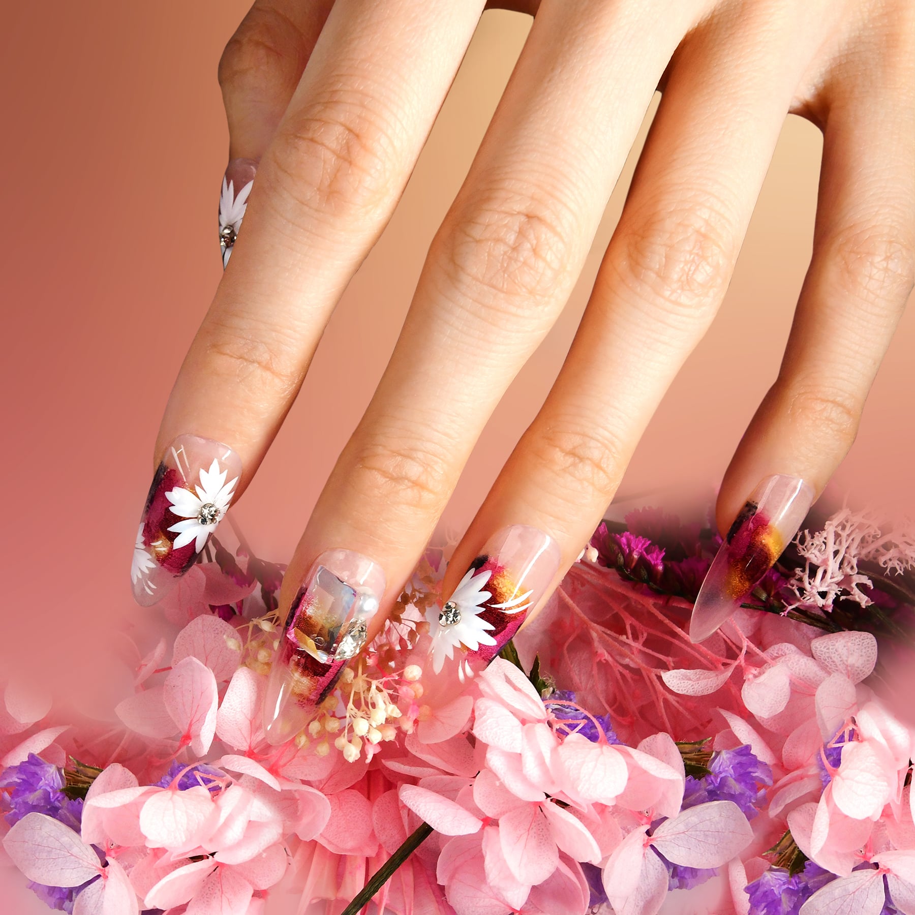 Exquisite Pink Extra Long Almond Acrylic Floral Design Handmade Press On Nails With Diamond-BEYONDCANVA