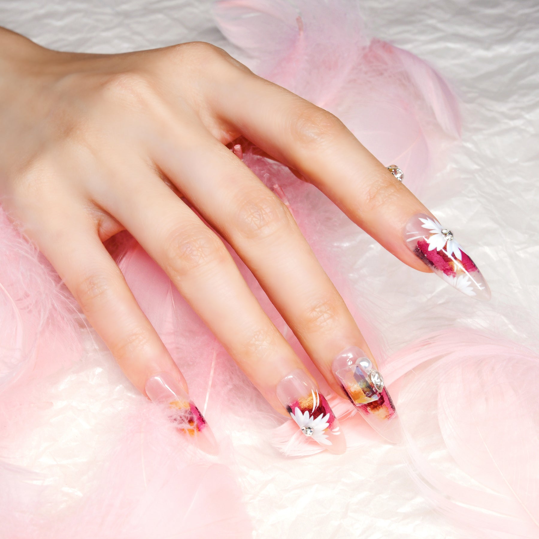 Classy Pink Extra Long Almond Acrylic Floral Design Handmade Press On Nails With Diamond-BEYONDCANVA