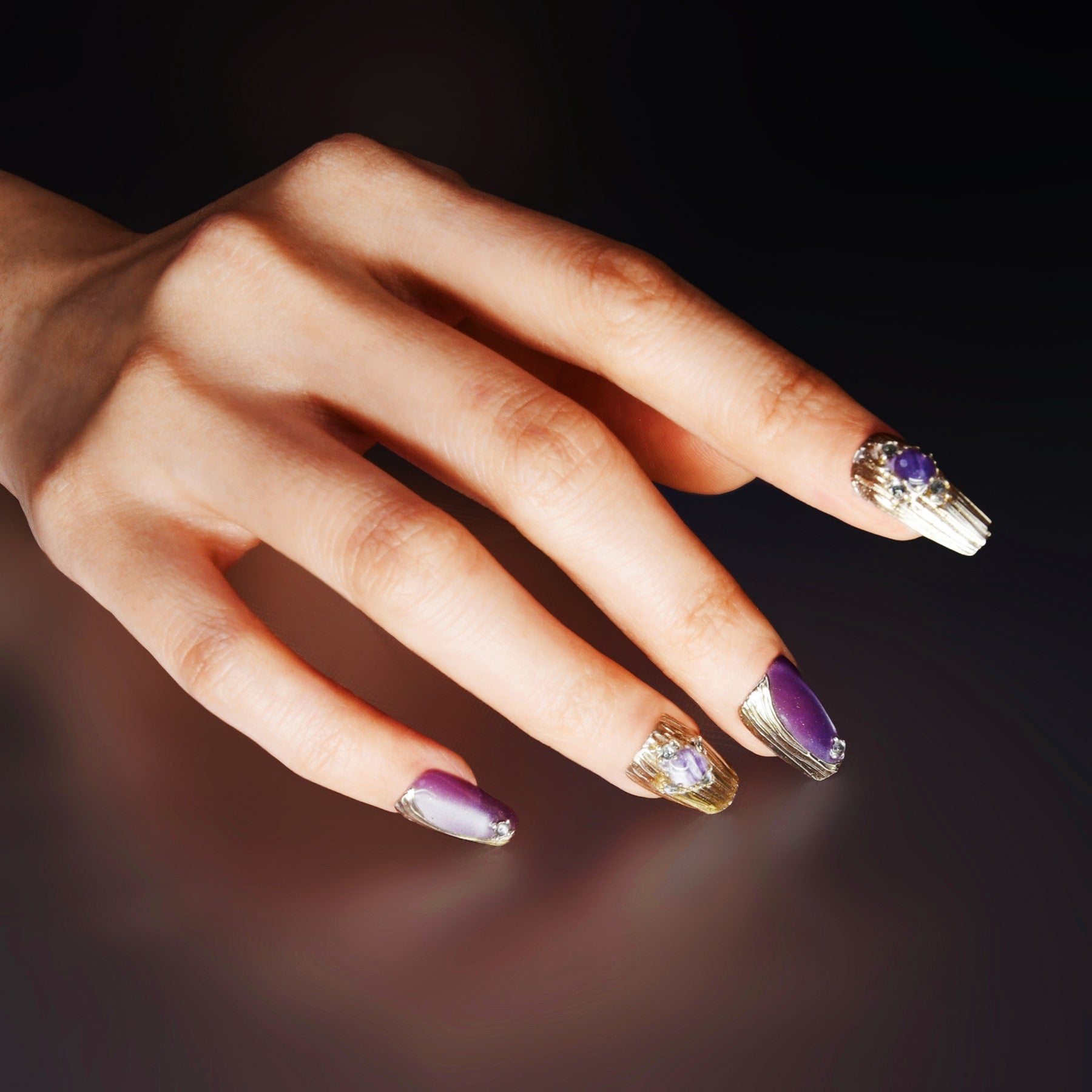 Exquisite Purple Acrylic Medium Coffin Pearl Diamond Handmade Press On Nails BEYONDCANVA