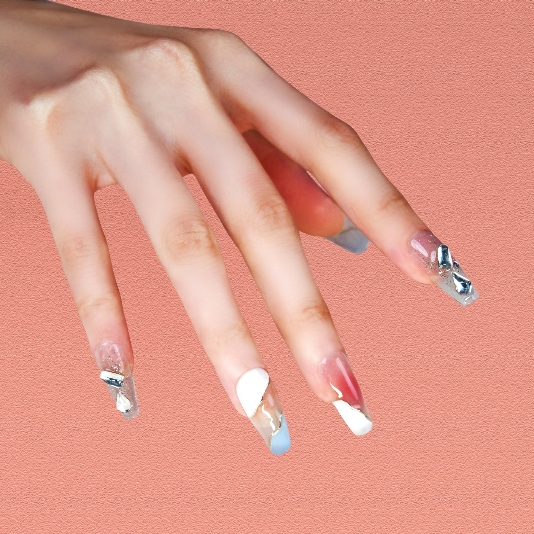 Elegant Ombre Acrylic Coffin Long Diamond Handmade Press On Nails BEYONDCANVA