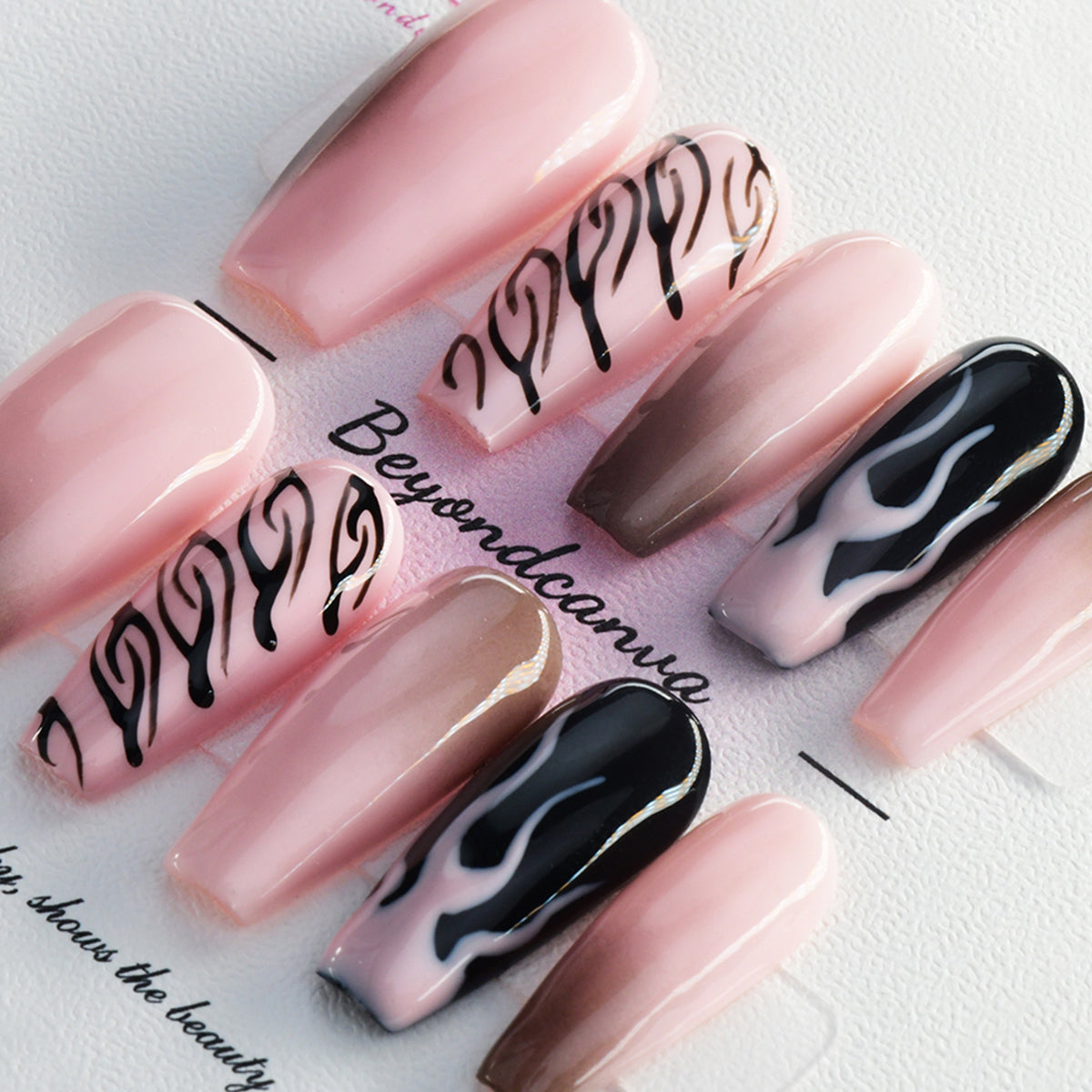 Exquisite Glossy Ombre Pink Coffin Long Acrylic Handmade Press On Nails BEYONDCANVA
