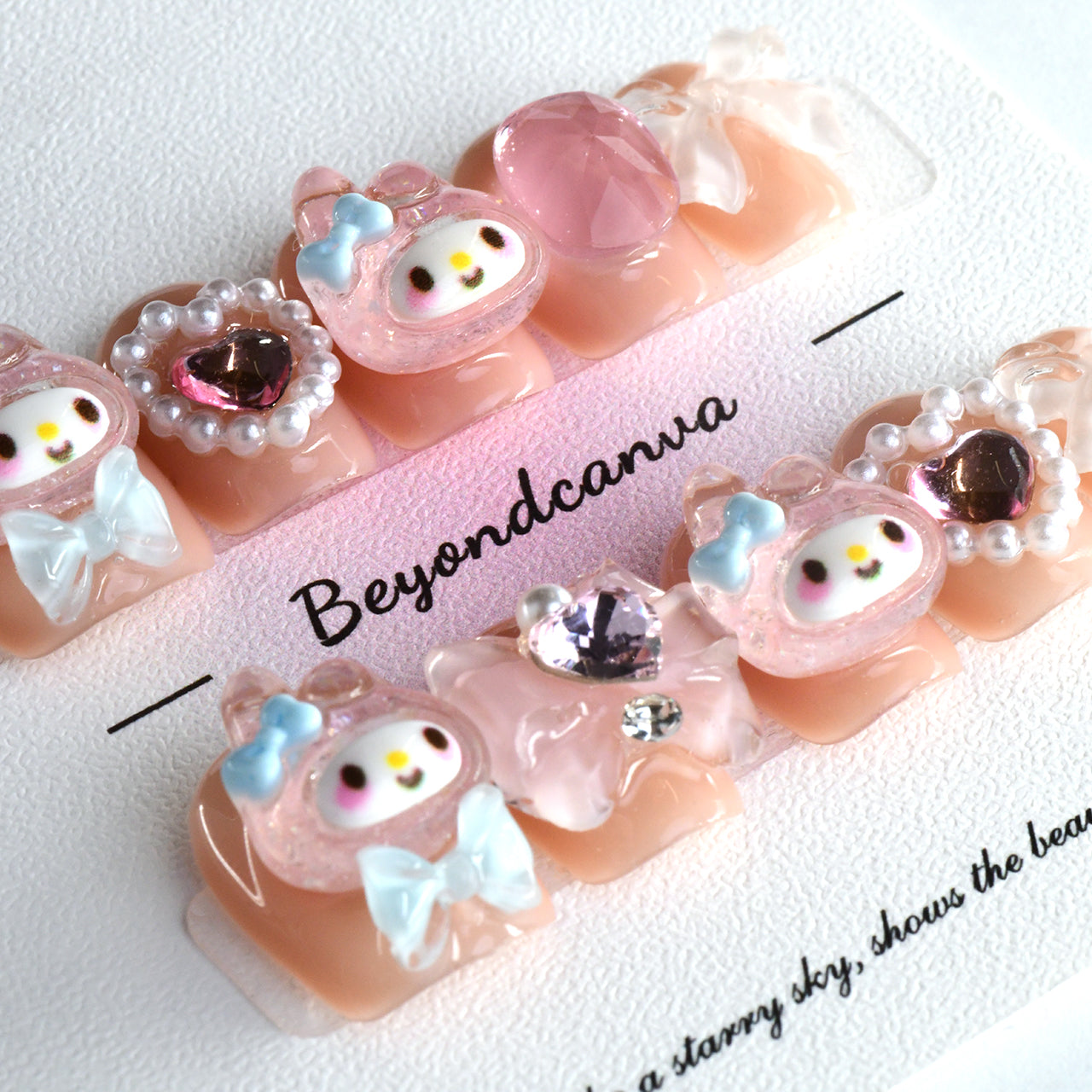 Cute Pink Coffin Short Handmade Press on Nails With Diamond-BEYONDCANVA