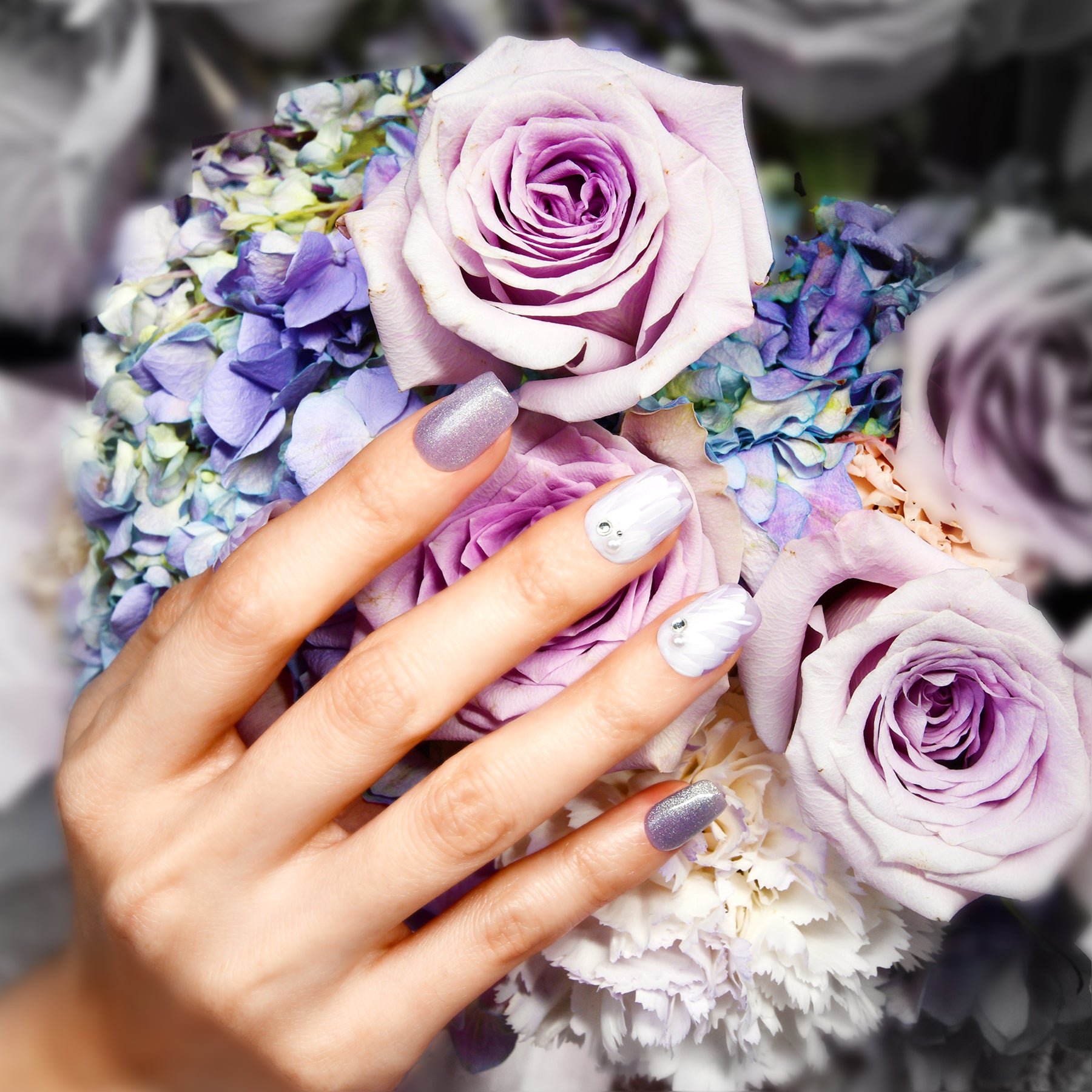 Elegant Purple Short Coffin Floral Design Handmade Press On Nails BEYONDCANVA
