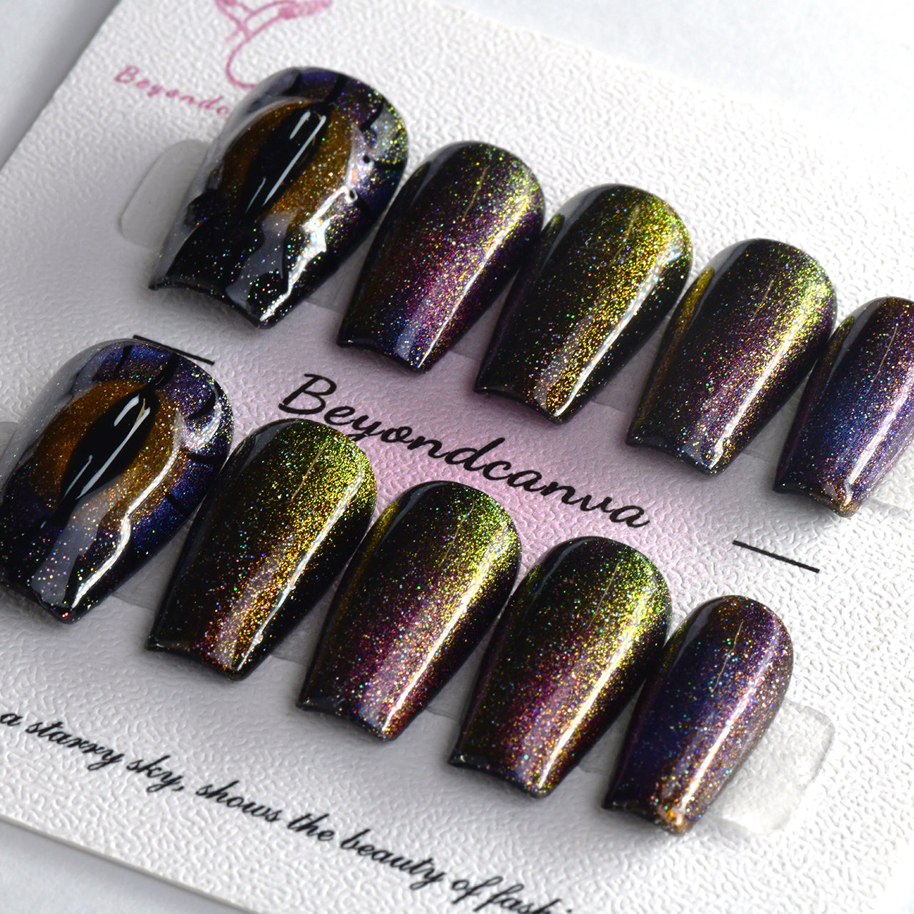 Sparkle Purple Medium Coffin Glitter Handmade Press On Nails With Cat Eyes-BEYONDCANVA