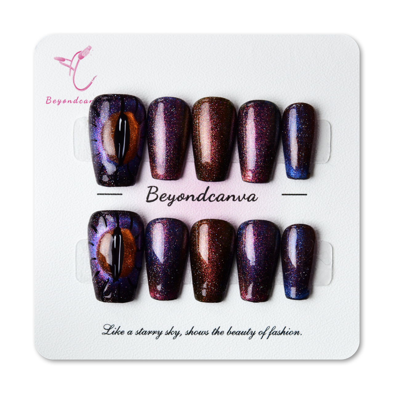 Elegant Purple Medium Coffin Glitter Handmade Press On Nails With Cat Eyes-BEYONDCANVA