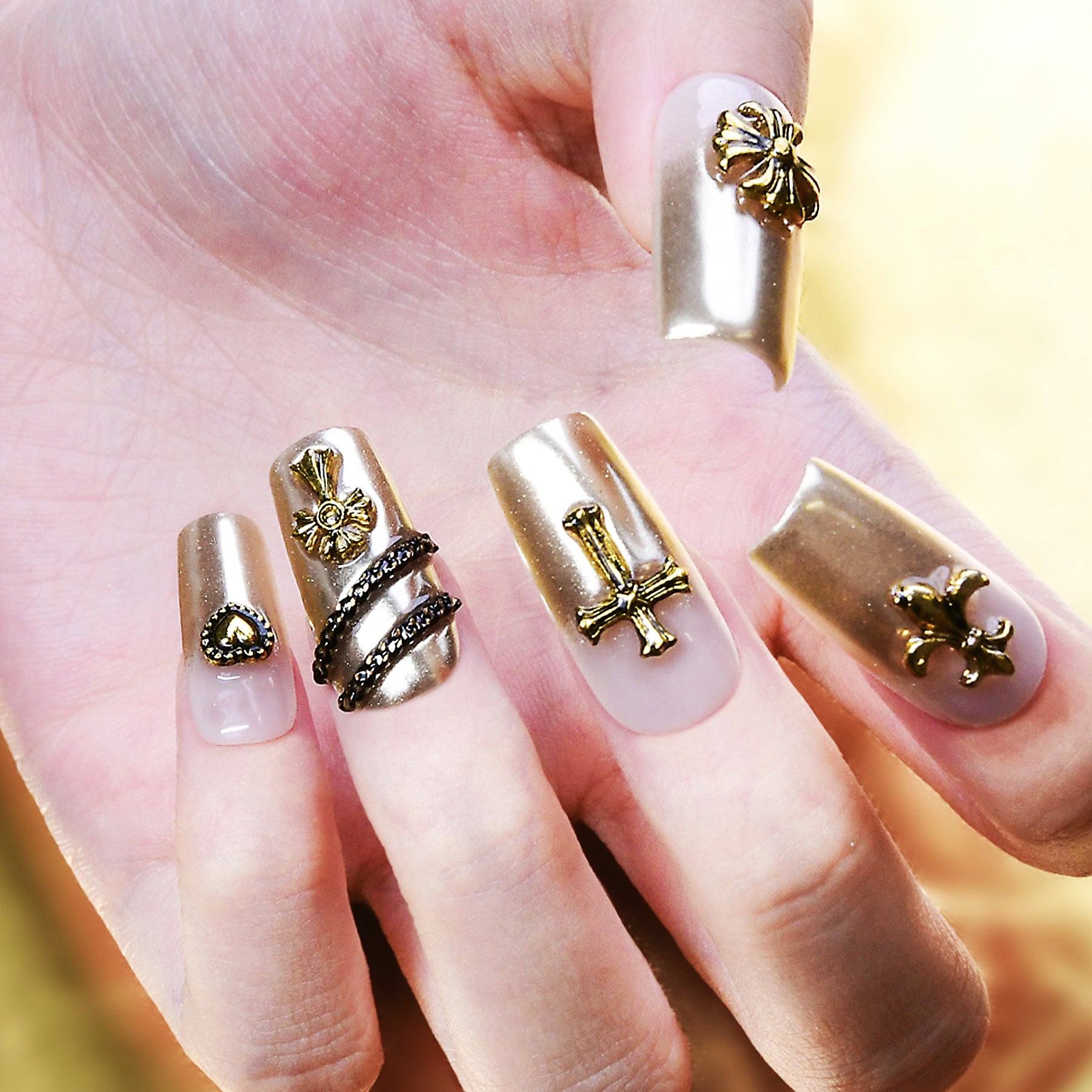 Luxury Gold Acrylic Long Square Glossy Handmade Press On Nails BEYONDCANVA