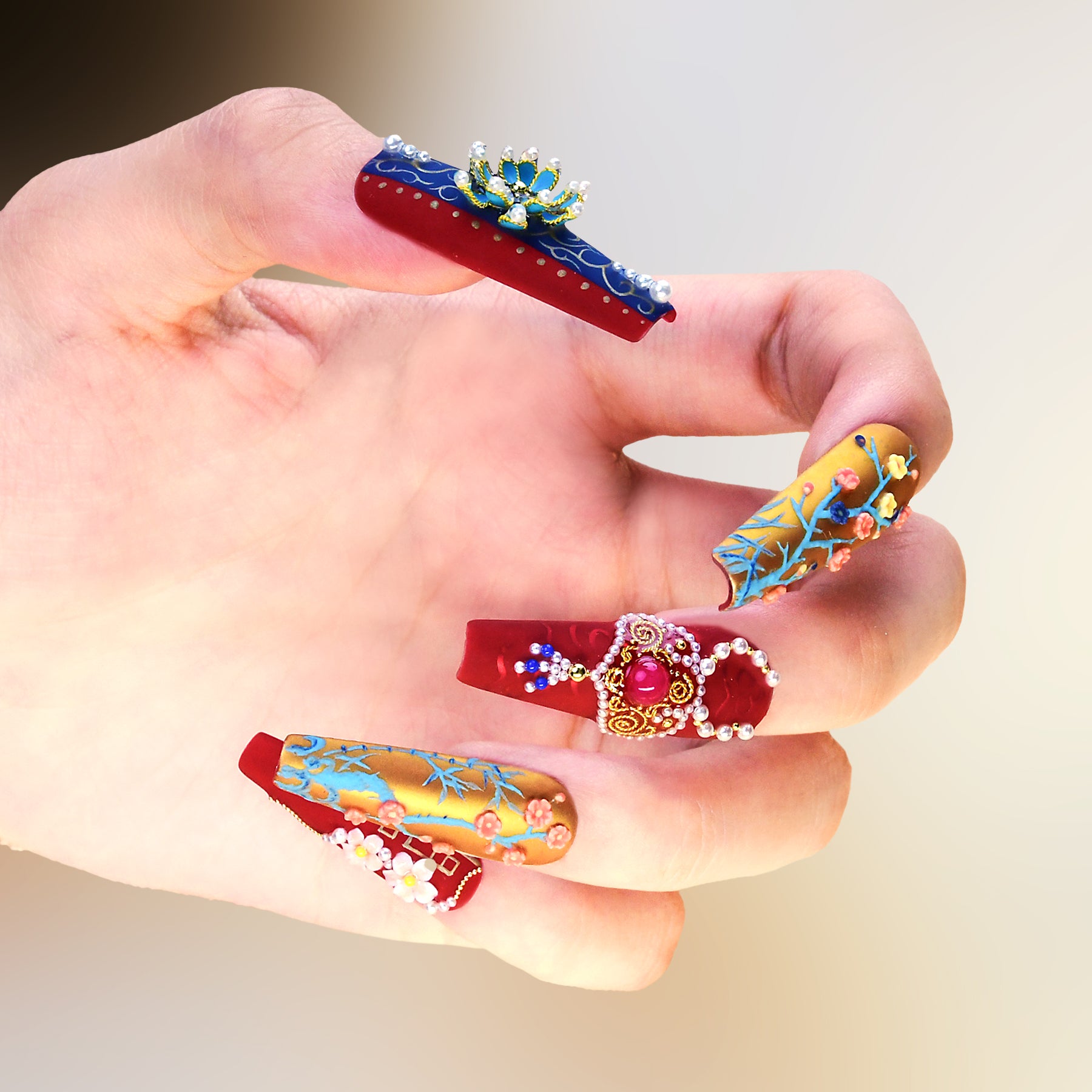 Exquisite Multi-color Extra Long Glossy Handmade Press On Nails With Pearls-BEYONDCANVA