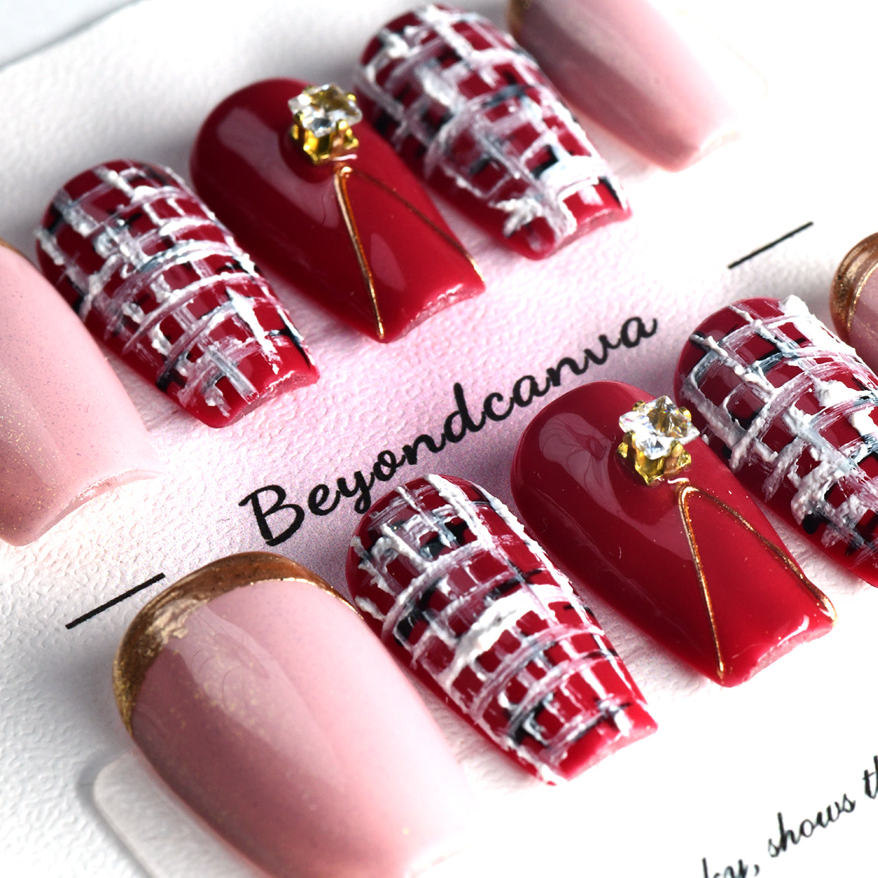 Glossy Red Arcylic Medium Coffin Handmade Press On Nails With Diamond-BEYONDCANVA