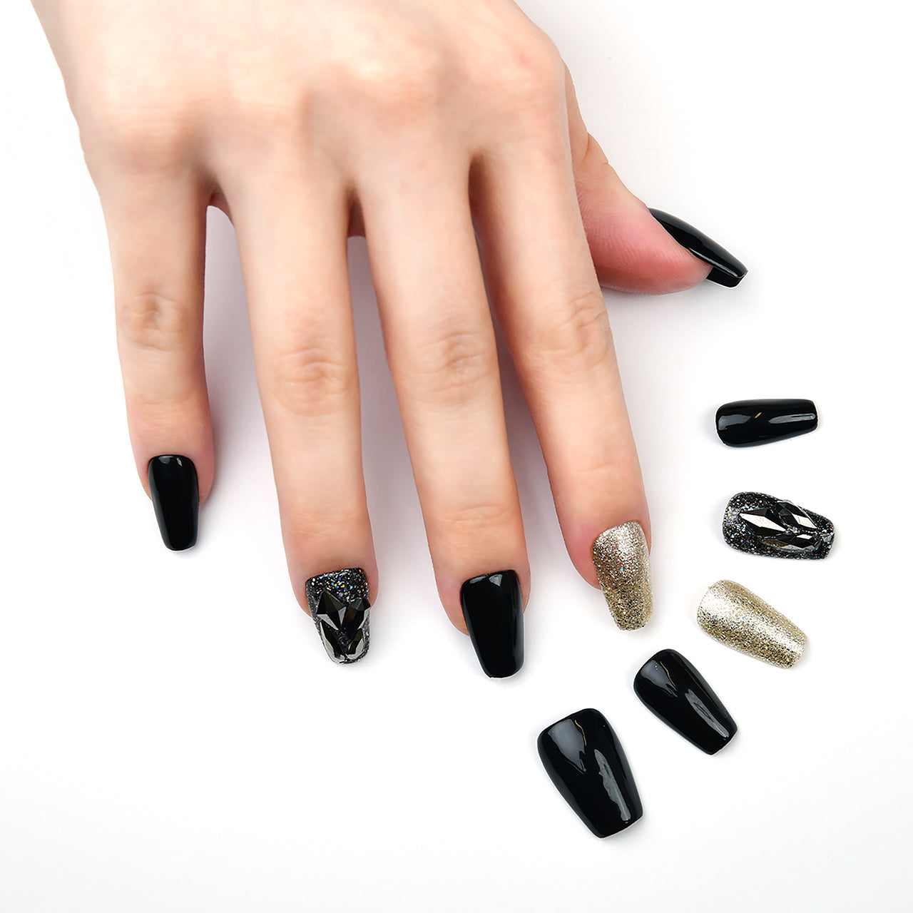 Black Exquisite Medium Coffin Colorblock Handmade Press On Nails BEYONDCANVA