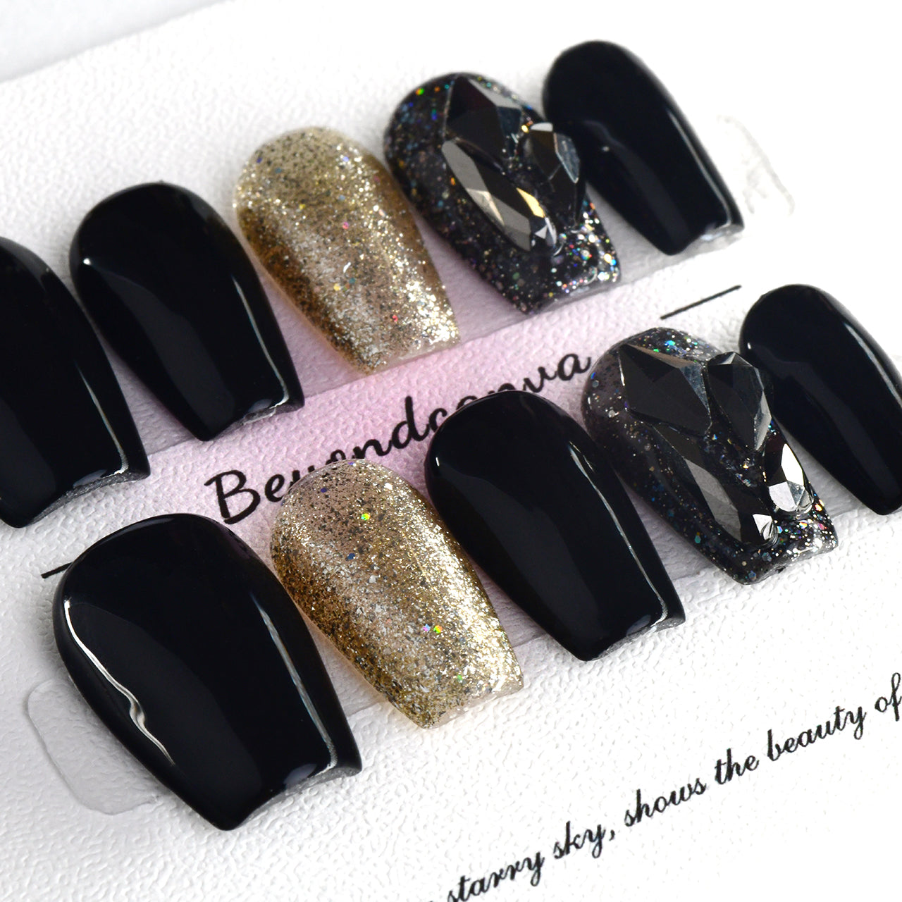 Black Elegant Medium Coffin Colorblock Handmade Press On Nails BEYONDCANVA