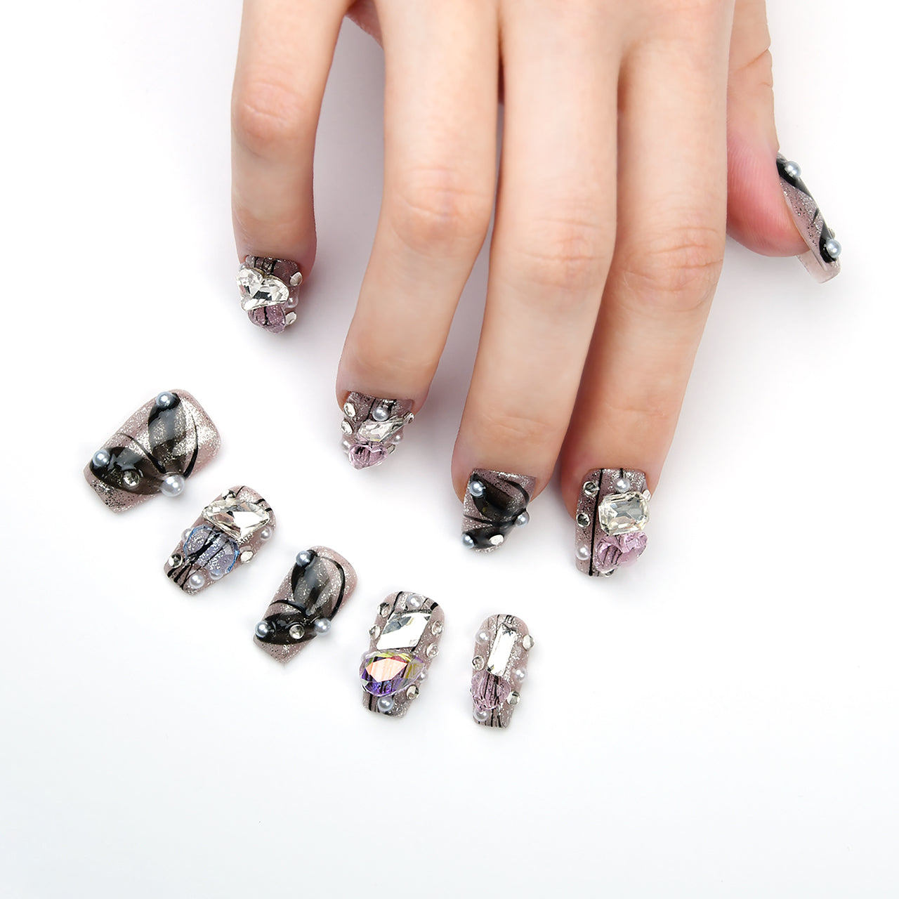 Elegant Black Acrylic Medium Coffin Butterfly Handmade Press On Nails With Jewel And Diamonds-BEYONDCANVA