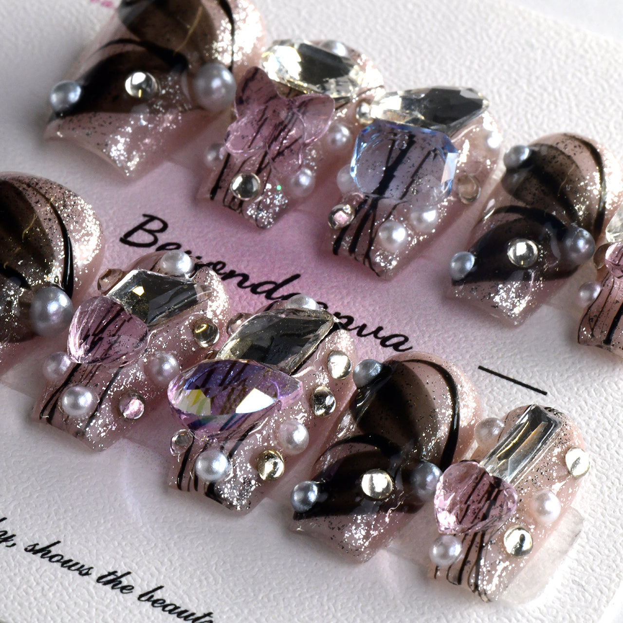 Pop Black Acrylic Medium Coffin Butterfly Handmade Press On Nails With Jewel And Diamonds-BEYONDCANVA