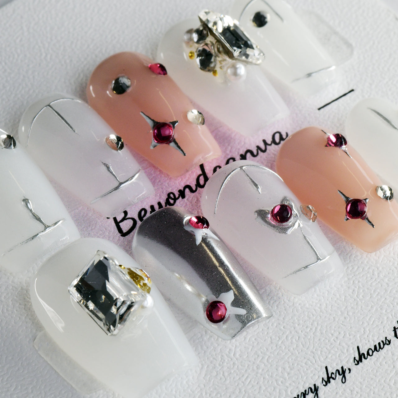 Elegant Pink Acrylic Medium Coffin Glossy Diamond Handmade Press On Nails BEYONDCANVA
