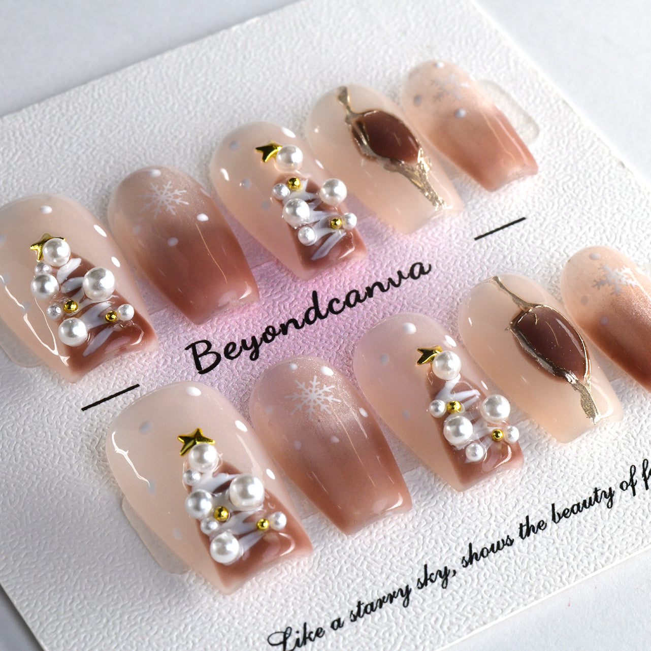 Exquisite Pink Acrylic Medium Coffin Glitter Jewel Handmade Press On Nails BEYONDCANVA